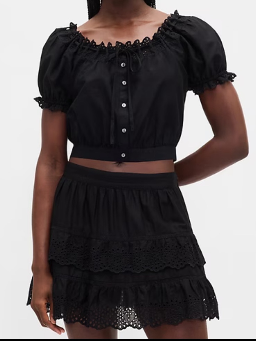 GAP Black Puff Sleeve Cropped Peasant Top
